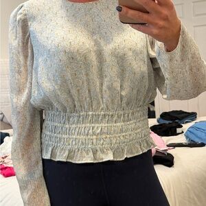 Express Floral Puff Sleeve Blouse in light blue with gold